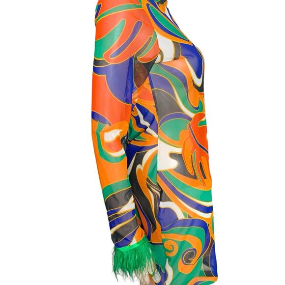 Cherie LA Women's Size Medium Mini Dress Sheer 70’s Hippie Psychedelic Body Con - Picture 4 of 12